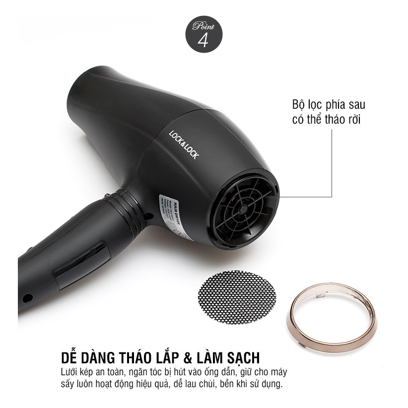 Máy sấy tóc LocknLock ENA146BLK Màu Đen , 2 chế độ nóng lạnh, kèm đầu dẹp tạo kiểu tóc - K-MALL