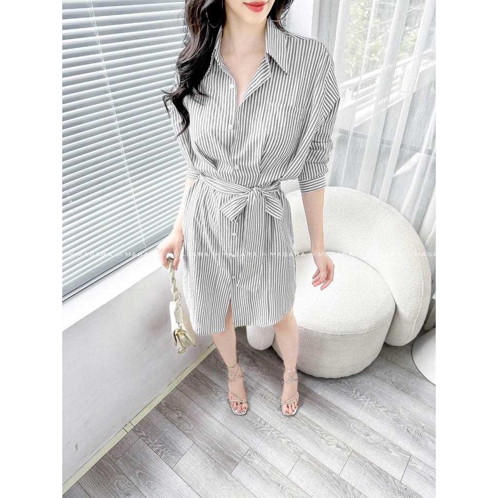 Đầm MASARA xếp ly eo màu ghi