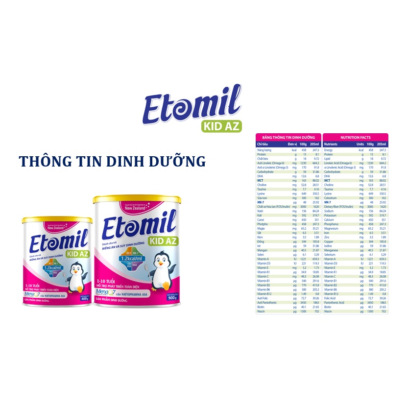 Sữa Etomil Kid AZ Năng Lượng Cao Dành Cho Trẻ Biếng Ăn, Nhẹ Cân Và Suy Dinh Dưỡng Từ 1-10 Tuổi
