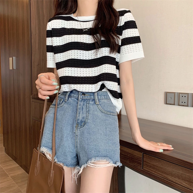 Giảm giá lớn - Áo len ngắn tay mẫu rộng sọc rỗng chất lượng cao thời trang cho phụ nữ