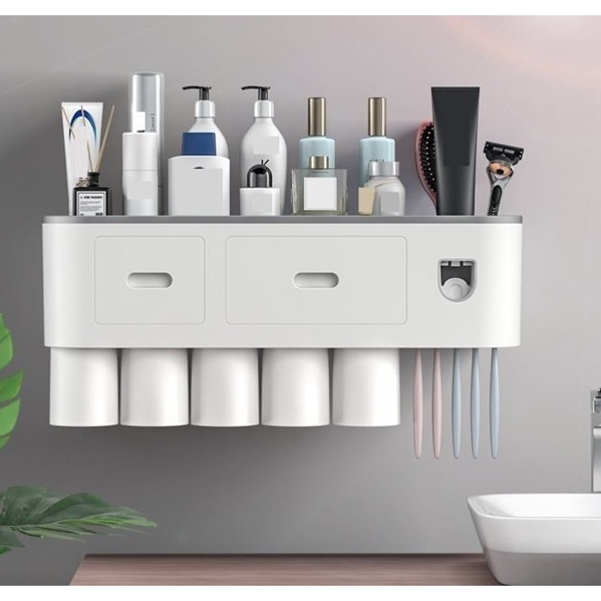 Ảnh Kệ Nhả Kem Đánh Răng Tự Động OENON 5 Cốc Chất Liệu Nhựa ABS Lắp Đặt Dán Tường Gạch Men 2