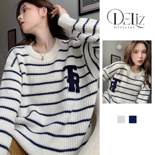Áo len nữ dài tay sọc ngang basic DELIZ, áo len rộng chất len dày mịn dễ thương