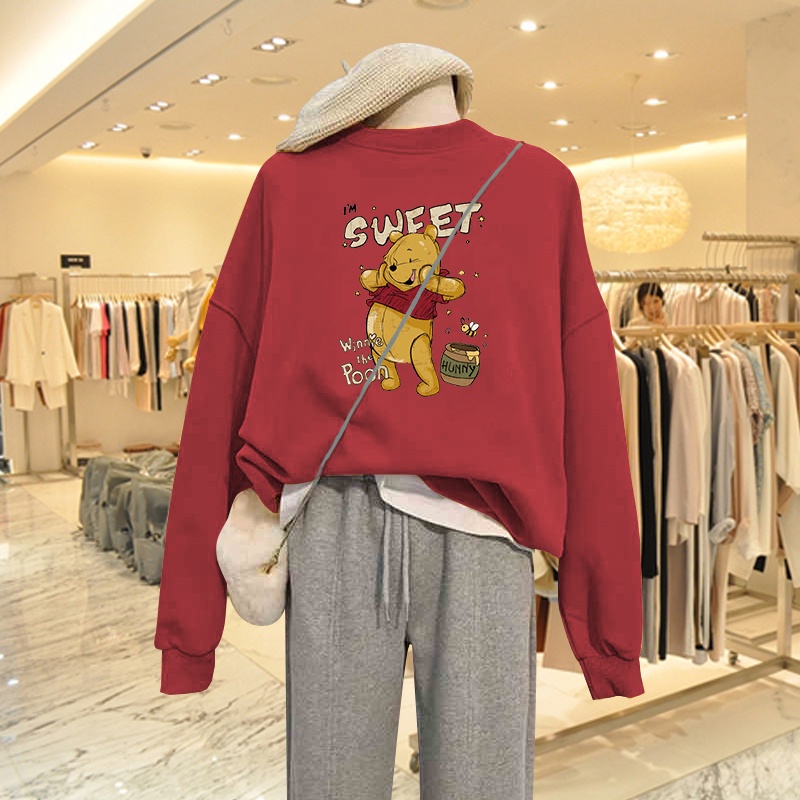 Áo Sweater Nữ HappyFamily Màu Xanh Rêu Hot Trend Hình Gấu Pooh Sweet Xinh Xắn Chất Nỉ Da Cá 100 Cao Cấp