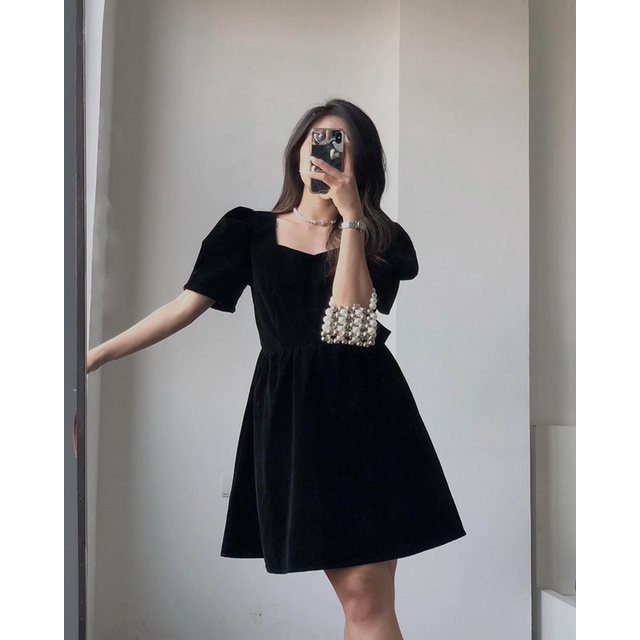 Váy nhung cổ vuông hở lưng nơ sau the.sweater weather TSW (ảnh thật)