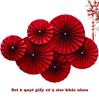 Set 6 quạt giấy đỏ 3 size 20cm,25cm,30cm trang trí Tết, quạt giấy đỏ trang trí chúc mừng năm mới { H }