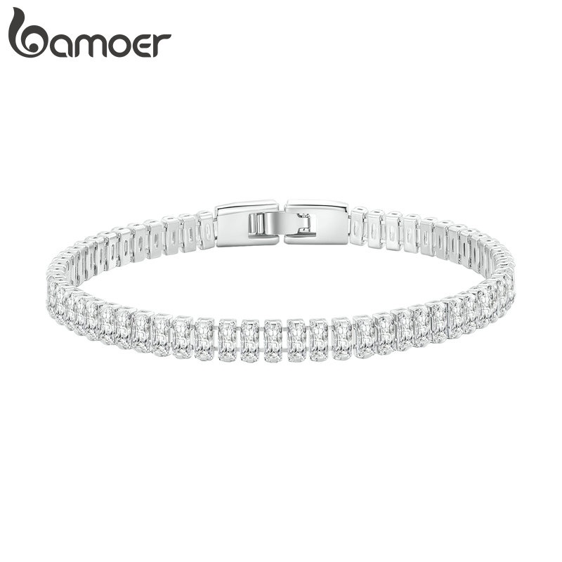Vòng tay BAMOER đính đá zircon vuông lấp lánh thời trang cho nam và nữ cỡ 17cm và 19cm
