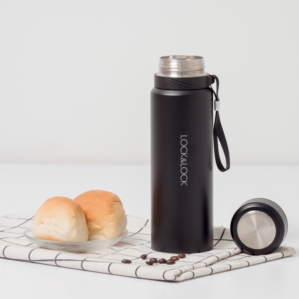 Bình giữ nhiệt LocknLock 800ml Vacuum Bottle LHC6180 Đen. Có khay lọc trà, dây treo xách - K-MALL