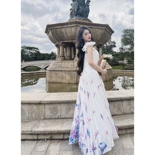Maxi suông dập ly họa tiết sứa tím, maxi Hè, maxi du lịch TKCC
