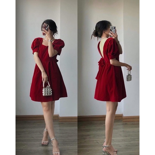 Váy nhung cổ vuông hở lưng nơ sau the.sweater weather TSW (ảnh thật)
