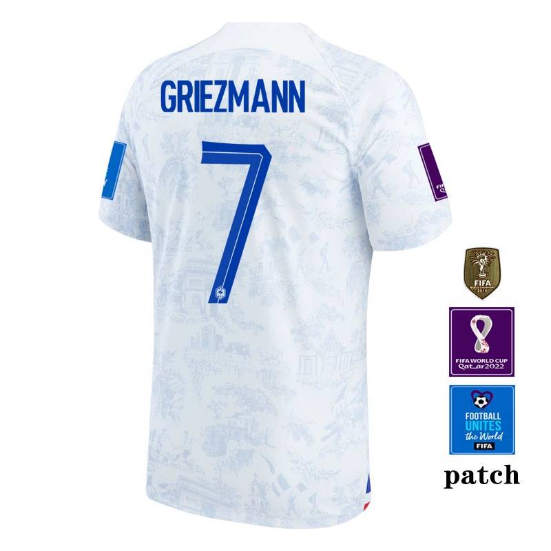 Áo bóng đá ĐT Pháp sân khách World Cup 22-23, thể thao Tee với hình ảnh các cầu thủ như Mbappe và Griezmann