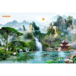 Tranh 3D Dán Tường Sơn Thủy Núi Non Thác Nước, tranh vải lụa kim tuyến dày dặn tặng keo dán