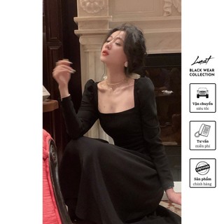 Váy đầm đen cổ vuông dài cao cấp thời trang nữ LUST chất liệu dày dặn thiết kế đẹp - M20