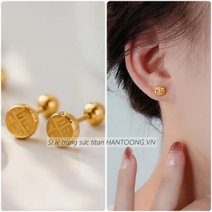 Khuyên tai titan không gỉ mạ vàng 24k khắc hình chữ phúc may mắn thời trang dành cho nữ