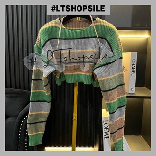 Áo len phối xanh croptop dài tay thu đông dáng rộng ALD24