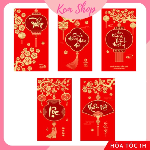 Bộ 5 lì xì Tết truyền thống họa tiết dập nổi 3D, lì xì đỏ may mắn chúc Tết - Kem Shop K259