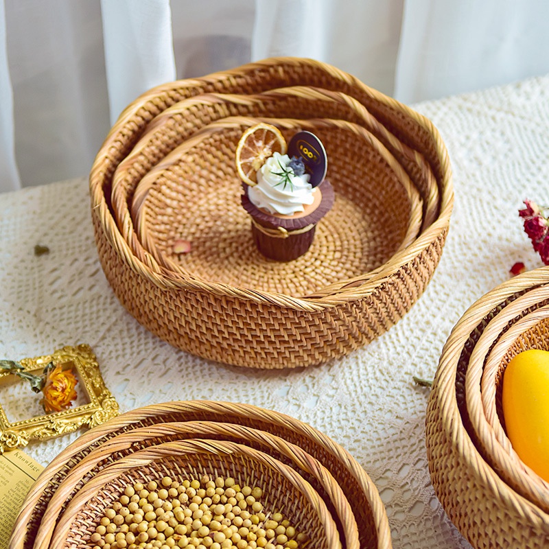 Khay Mây Đựng Hoa Quả Bánh Kẹo ONGTRE Khay Mây Lượn Sóng Decor Phòng Khách Nhà Bếp Đựng Đồ Khô Handmade