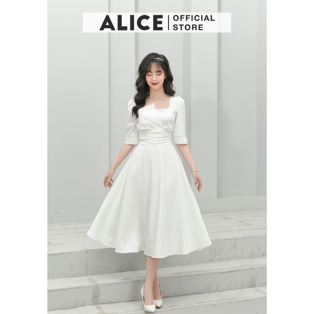 Ảnh Đầm Dự Tiệc Thiết Kế ALICE Cổ Vuông Dập Ly Sang Trọng, Thiết Kế Dáng Dài Xòe, Tay Lỡ Thắt Eo Thanh Lịch V677 3
