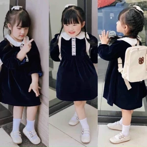 Váy nhung cho bé màu xanh than cổ sen diện đi học, đi chơi xinh xắn size 6-25kg Tiệm Nhà Bơ