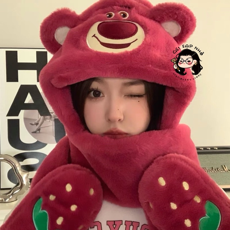 Mũ chùm đầu kèm gang tay giữ ấm hoạ tiếc gấu dâu lotso hot trend 2023 (   hot)