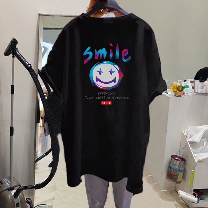 Áo Thun Tay Lỡ Nữ HappyFamily Form Rộng Hoạt Tiết Mặt Cười Smile Chất Cotton 100 Cao Cấp