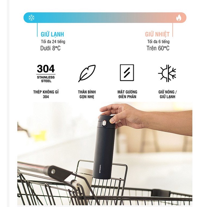 Bình giữ nhiệt LocknLock 500ml Featherlight One Touch Tumbler LHC3257 , mở nắp một chạm - K-MALL