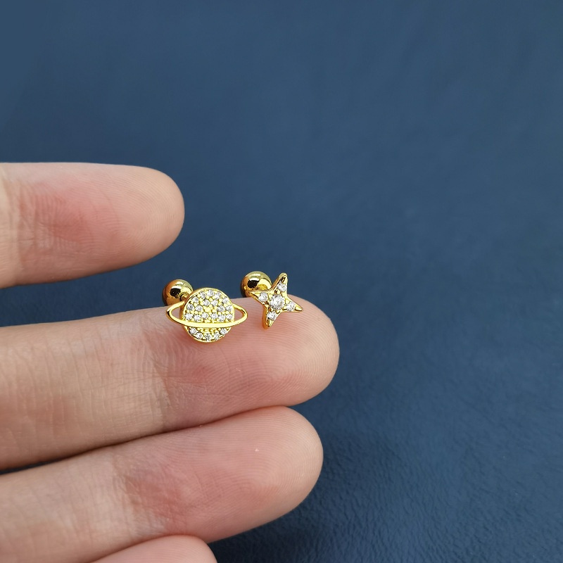 S925 Bạc Ngôi Sao Vũ Trụ Bông Tai Đơn Giản Tất Cả Trận Đấu Vít Bông Tai Nữ