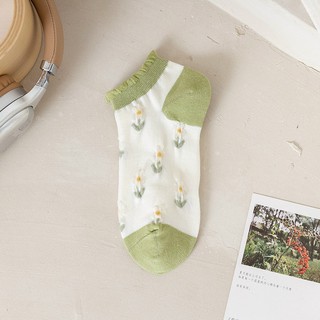 Set 5 Đôi Tất Nữ Cotton Cổ Bèo Phối Kẻ Hoa Xanh kèm Túi Zip