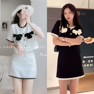 Set Dạ Nơ Trắng Đen Tiểu Thư Hàng 2 Lớp Có Ảnh Thật