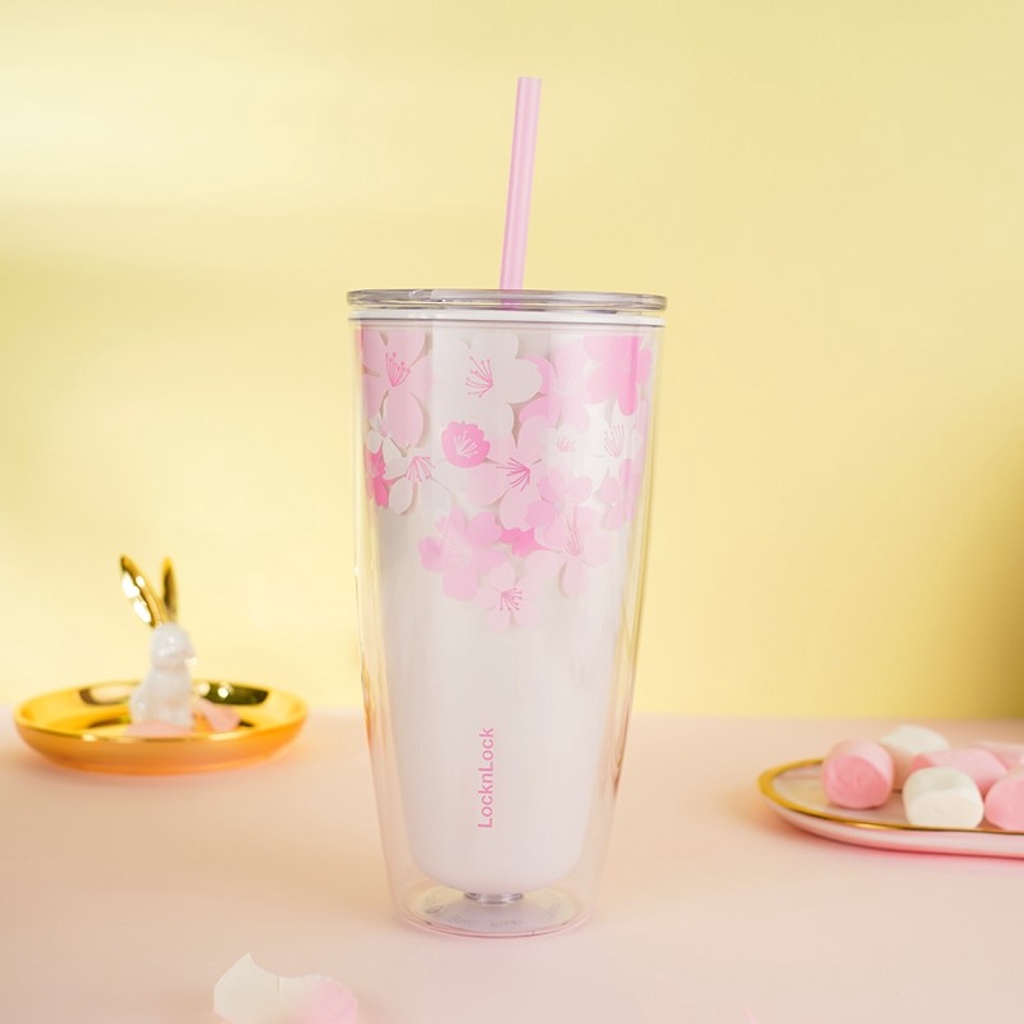 Ly nhựa 2 lớp Lock&Lock có ống hút 750ml Doublewall Coldcup cách nhiệt tốt HAP509 - màu trắng -  K-MALL