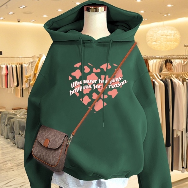 Áo Hoodie Nữ HappyFamily Màu Xanh Rêu Hot Trend In Hình Trái Tim Ấm Áp Xinh Xắn Chất Nỉ Da Cá 100 Cao Cấp