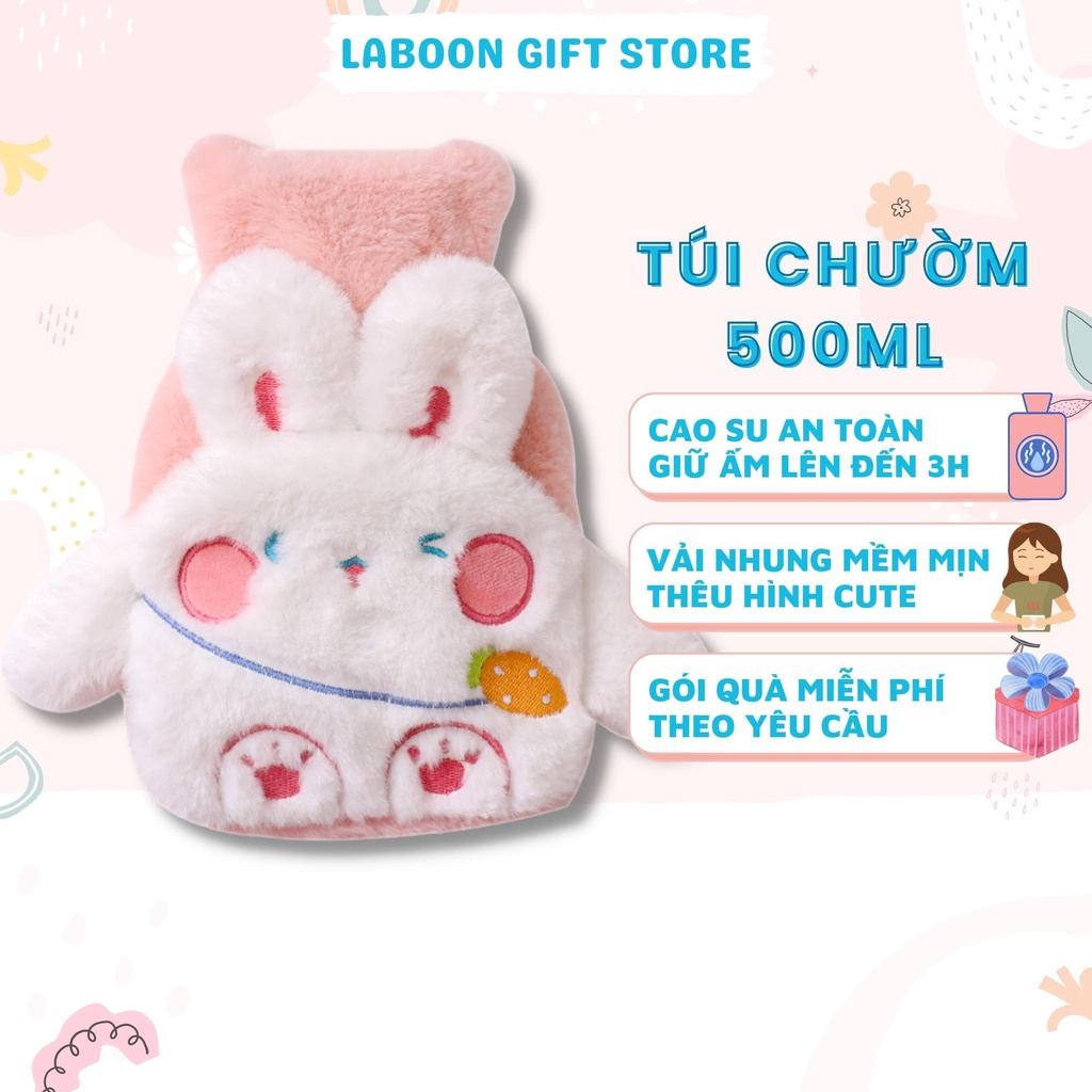 Túi chườm ấm đa năng Laboon 500ml phiên bản hình thỏ xù, quà tặng túi sưởi ấm cho bạn gái