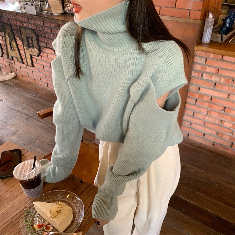 Áo Dệt Kim Tay Dài Trễ Vai Thiết Kế Cổ Lọ Thanh Lịch