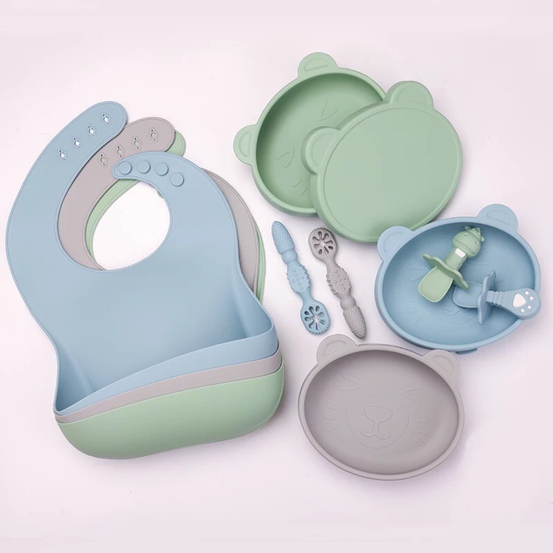 Yếm Ăn Dặm Cho Bé Silicone Có Máng, Yếm Ăn Dặm Silicon Có Máng Siêu Nhẹ Hình Mèo Đáng Yêu Cho Bé