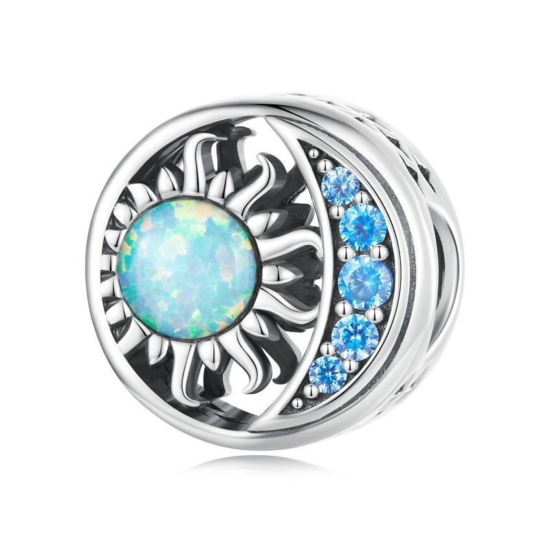 Mặt phụ kiện BAMOER bạc 925 hình mặt trời mặt trăng đính đá opal