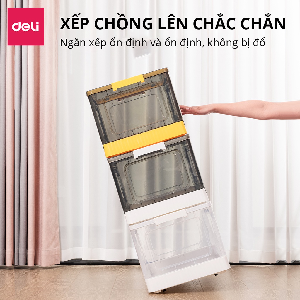 Hộp đựng đồ gấp gọn đồ chơi, sách vở, quần áo chăn màn cỡ lớn 86L nhựa đa năng Deli có bánh xe có thể xếp chồng tháo lắp