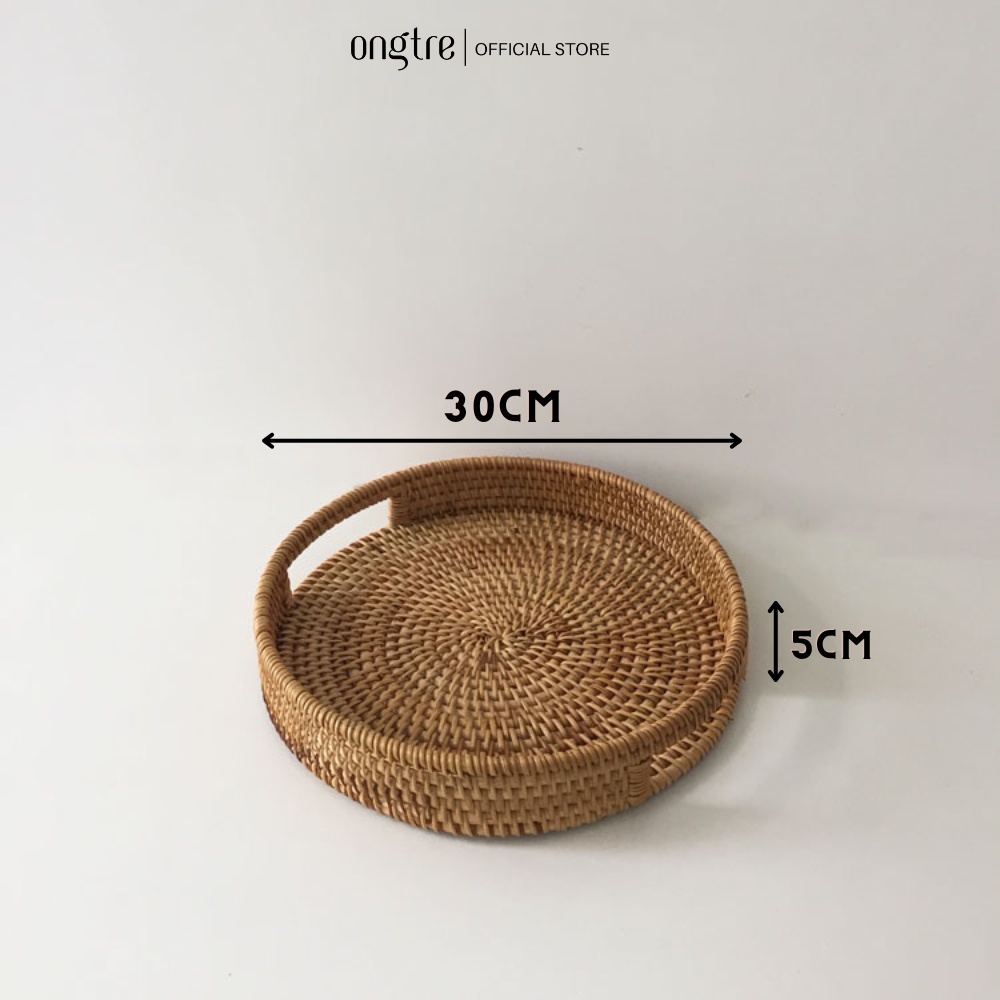 Khay Mây Tròn Có Tay Cầm ONGTRE, Khay Phục Vụ, Đựng Trà Bánh, Đồ Ăn, Nhà Hàng, Khách Sạn