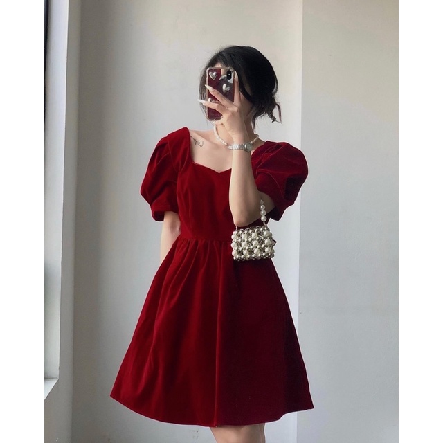 Váy nhung cổ vuông hở lưng nơ sau the.sweater weather TSW (ảnh thật)
