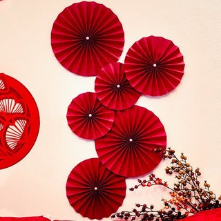 Set 6 quạt giấy đỏ 3 size 20cm,25cm,30cm trang trí Tết, quạt giấy đỏ trang trí chúc mừng năm mới { H }