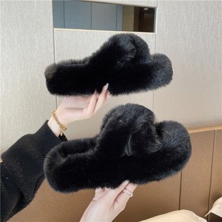 (Sẵn nâu 37) Dép lông quai chéo bản lông đẹp Ulzzang đế cao 5cm