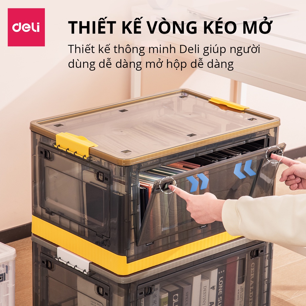 Hộp đựng đồ gấp gọn đồ chơi, sách vở, quần áo chăn màn cỡ lớn 86L nhựa đa năng Deli có bánh xe có thể xếp chồng tháo lắp