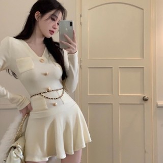 Đầm Dệt Kim Tay Dài Cổ Chữ v Thời Trang Thu Đông Dành Cho Nữ