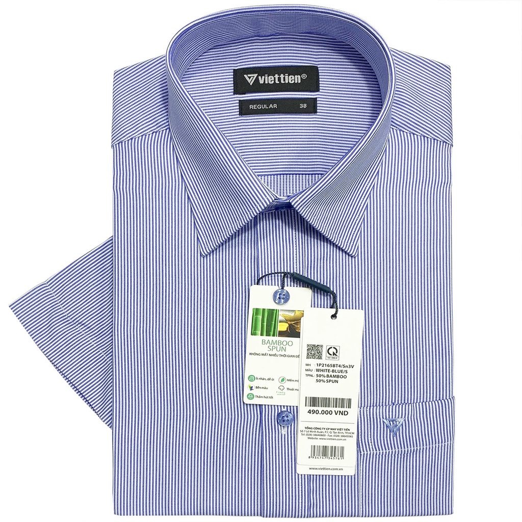 Viettien - Áo sơ mi nam ngắn tay xẻ tà lai ngang kẻ sọc 1P2165 regular