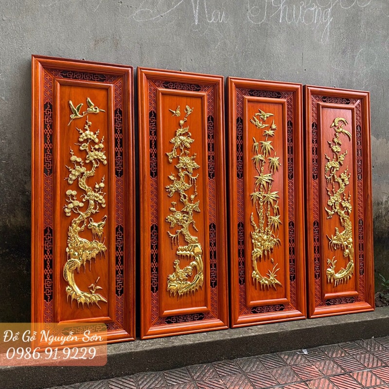 Bộ tranh tứ quý gỗ hương đỏ nam phi kích thước 37*107,dày 3cm hoàn thiện sơn pu dát vàng Đài Loan cao cấp