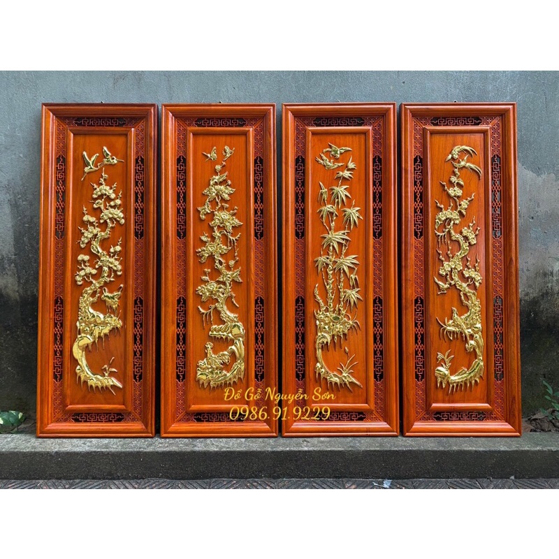 Bộ tranh tứ quý gỗ hương đỏ nam phi kích thước 37*107,dày 3cm hoàn thiện sơn pu dát vàng Đài Loan cao cấp