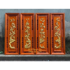 Bộ tranh tứ quý gỗ hương đỏ nam phi kích thước 37*107,dày 3cm hoàn thiện sơn pu dát vàng Đài Loan cao cấp