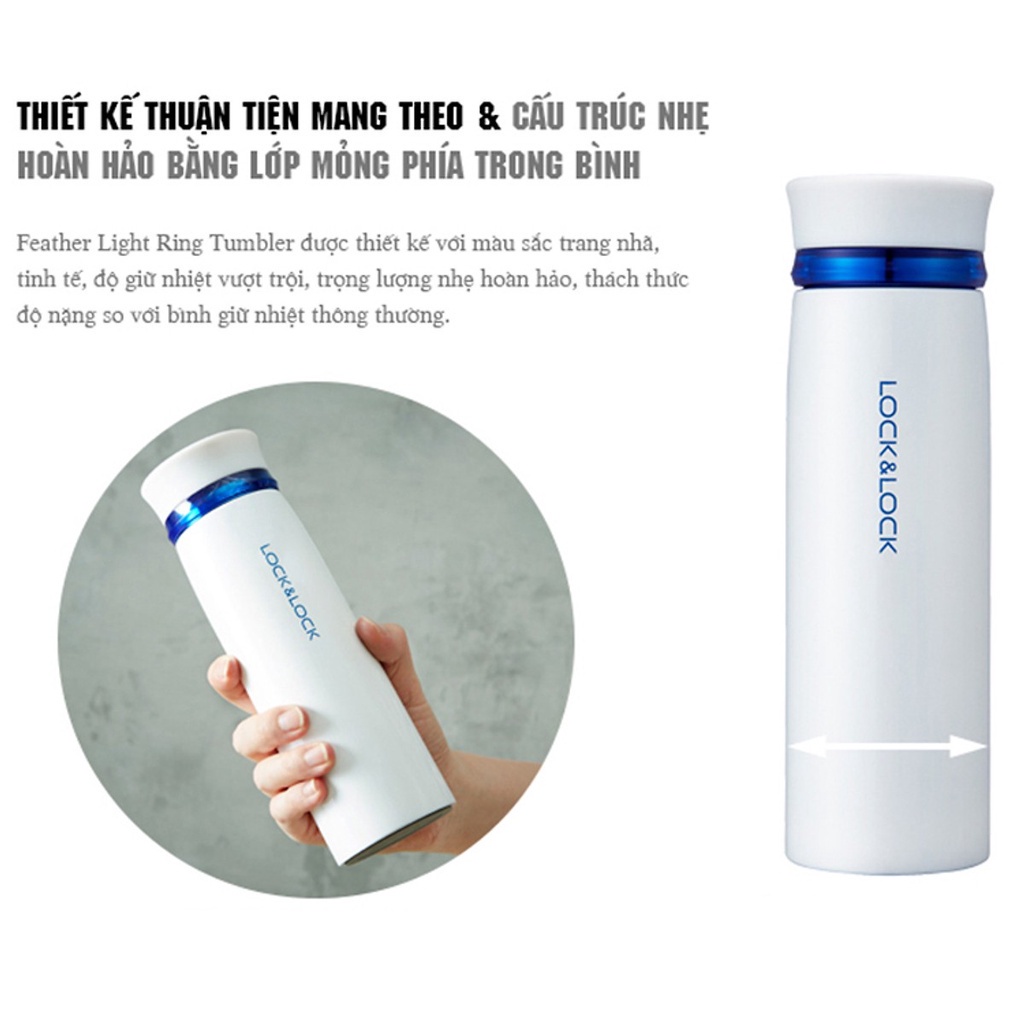 Bình giữ nhiệt LocknLock 450ml Feather Light LHC4131 trắng viền xanh, có khay lưới lọc trà - K-MALL