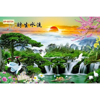 Tranh 3D Dán Tường Sơn Thủy Núi Non Thác Nước, tranh vải lụa kim tuyến dày dặn tặng keo dán