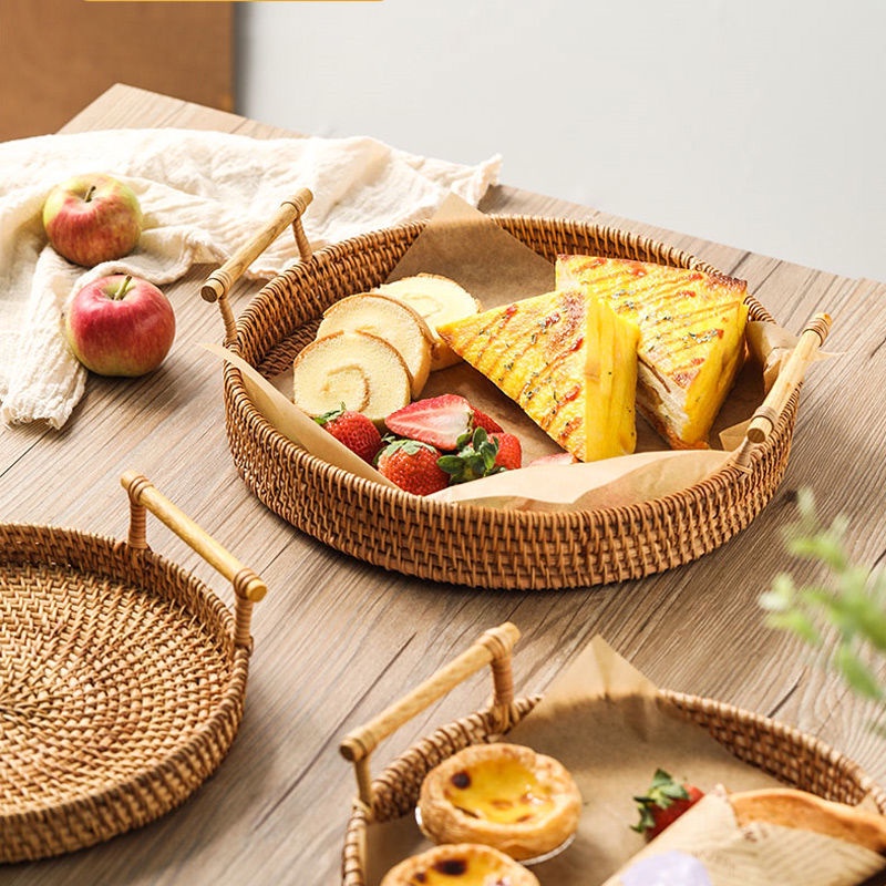 Khay Mây Tròn Có Tay Cầm ONGTRE, Khay Đựng Đồ, Trà Bánh, Decor, Chụp Ảnh Sản Phẩm, Handmade, Nhà Hàng, Khách Sạn, Resort