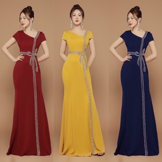 Đầm dạ hội cổ kết pha lê nơ dài không xẻ tà TẶNG KÈM HOA TAI THỜI TRANG