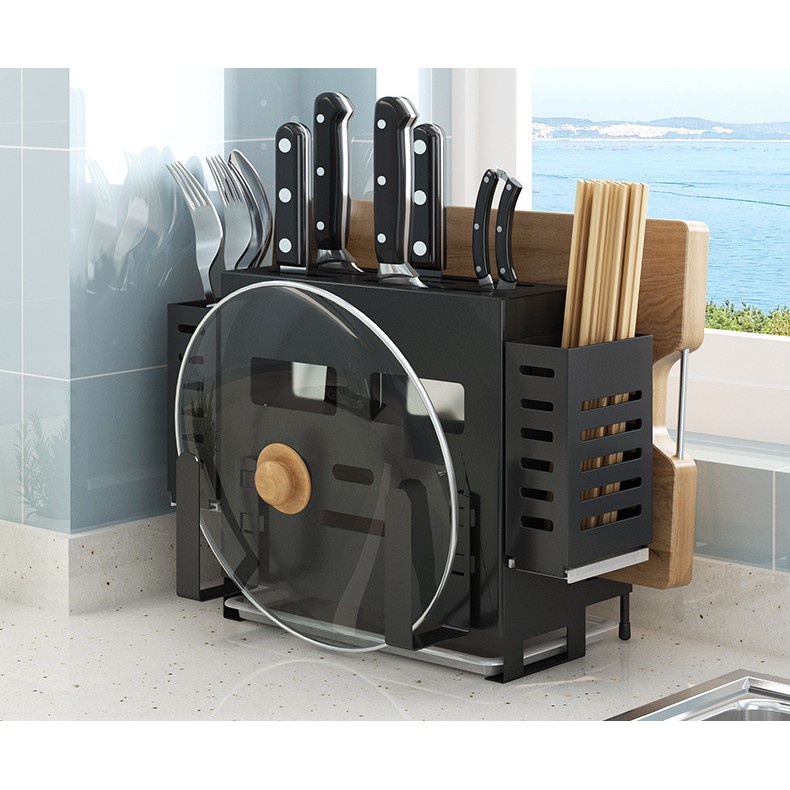 Bộ sản phẩm Giá Kệ để dao thớt gồm 2 ống đũa và khay hứng nước-Thép chống gỉ sơn 5 lớp